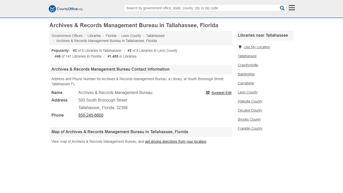 Archives & Records Management Bureau - Tallahassee, FL (Address and Phone)